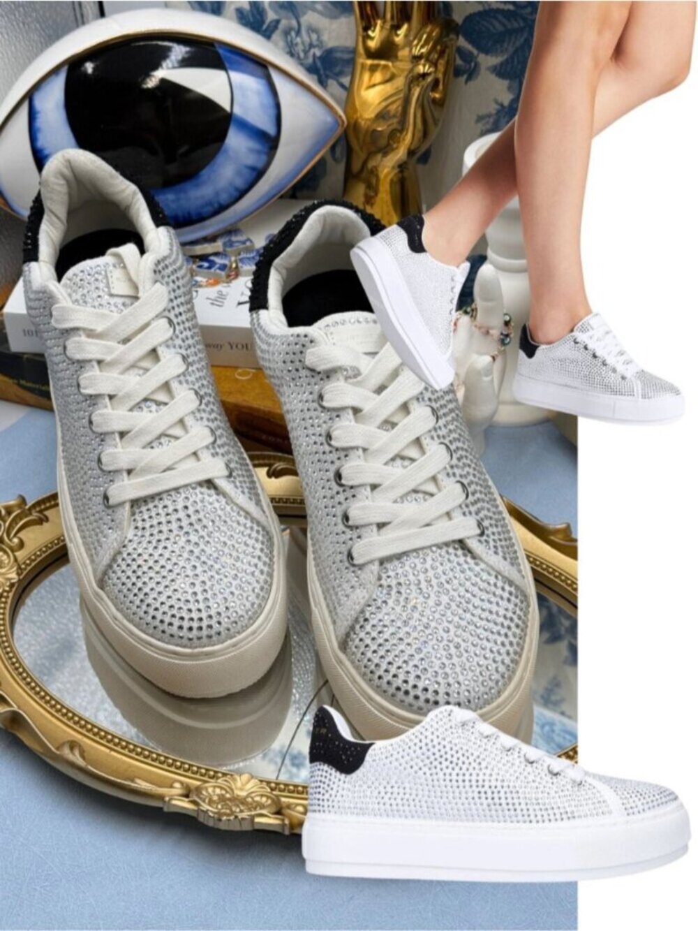 🆕 KURT GEIGER LONDON 🧿 NWOT Laney Silver Crystal Low Top Sneaker, Sz 40 US 9
